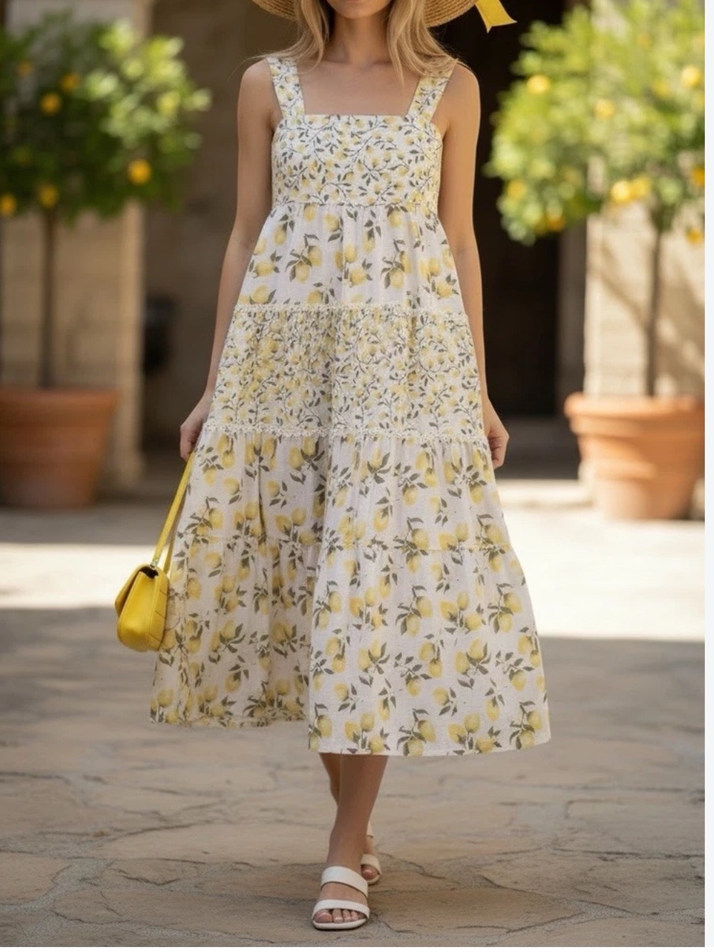 Haute Hippie White and Yellow Lemon-Print Tiered Midi Dress